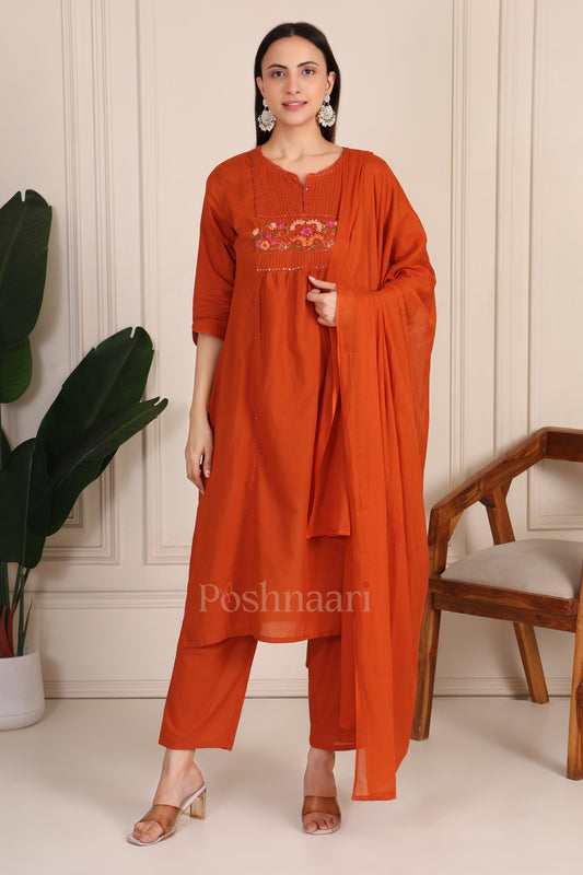 Rust Orange Embroidered Pure Cotton Suit