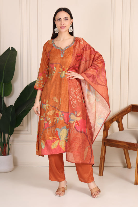 Rust Orange Floral Printed Cora Silk Suit