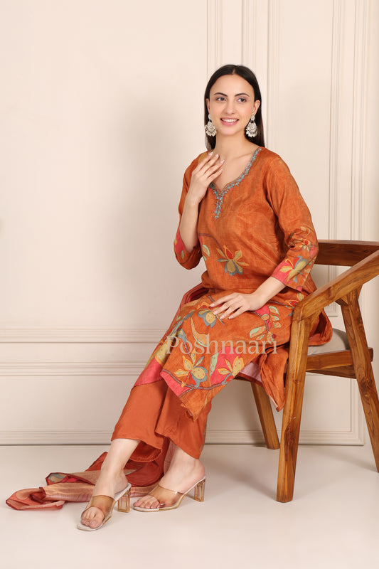 Rust Orange Floral Printed Cora Silk Suit