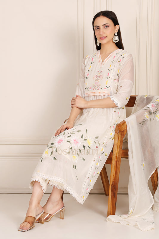 Ivory Off-White Floral Embroidered Pure Mul Cotton Suit