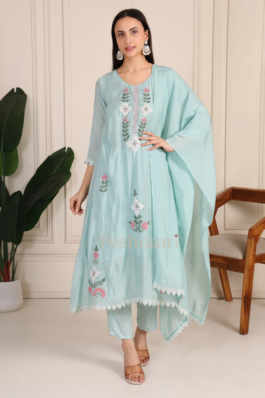 Pastel Mint Blue Embroidered Mul Chanderi Suit