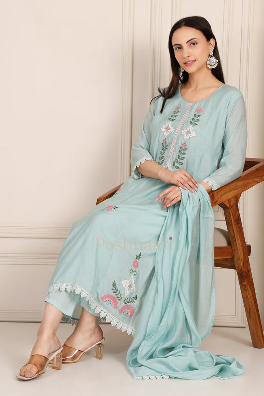Pastel Mint Blue Embroidered Mul Chanderi Suit