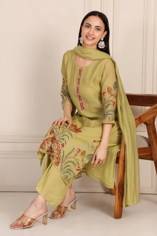 Pista Green Embroidered Mul Chanderi Suit