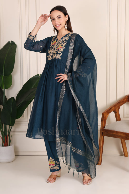 Deep Teal Floral Embroidered Mul Chanderi Suit