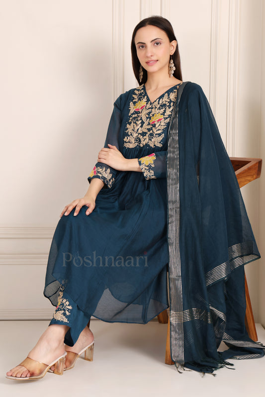 Deep Teal Floral Embroidered Mul Chanderi Suit