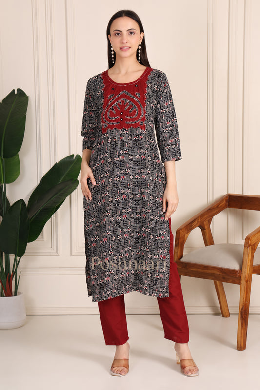 Marron Floral Patch Work Fine Cotton Straight 2 Pcs Kurti Set