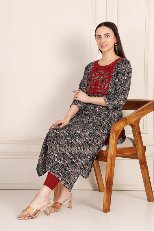 Marron Floral Patch Work Fine Cotton Straight 2 Pcs Kurti Set