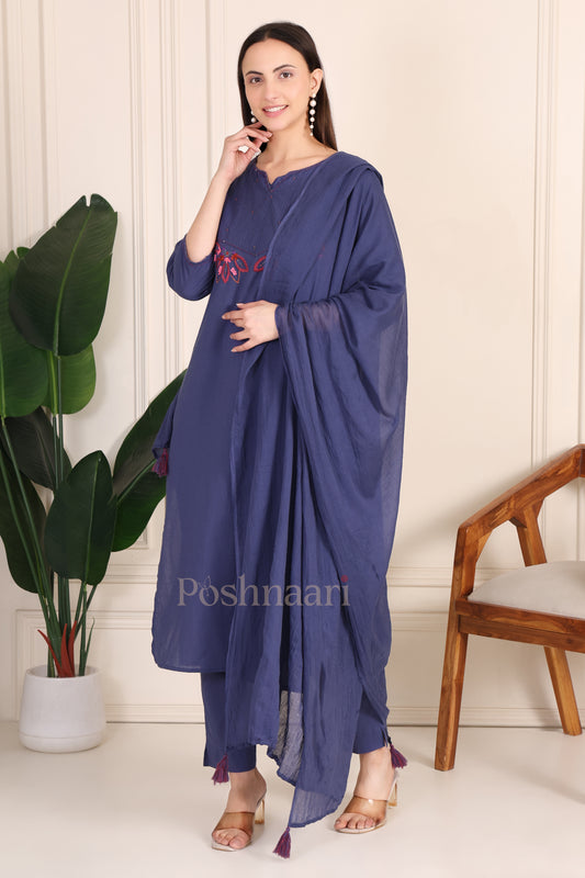 Indigo Blue Embroidered Pure Cotton Suit