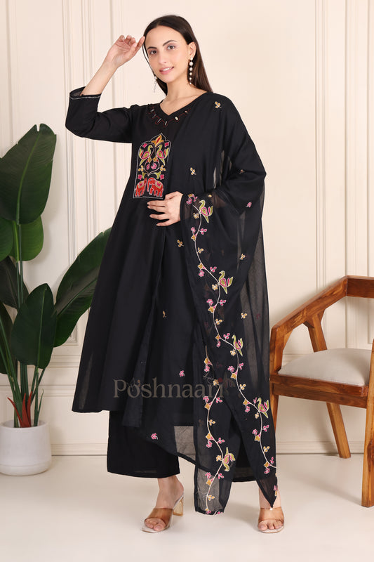 Black Embroidered Organic Cotton With Mirror Work Suit