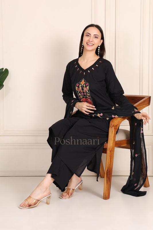 Black Embroidered Organic Cotton With Mirror Work Suit