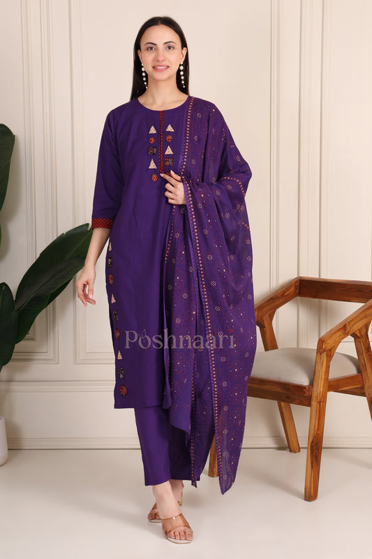Royal Purple Printed Dhabu Cotton Kurta Suit