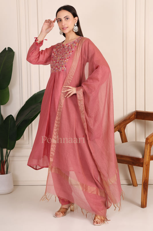 Dusty Rose Embroidered Mul Chanderi Kurta Suit