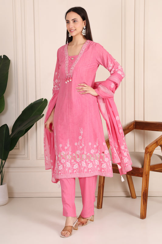 Rose Pink Printed Mul Cotton Suit