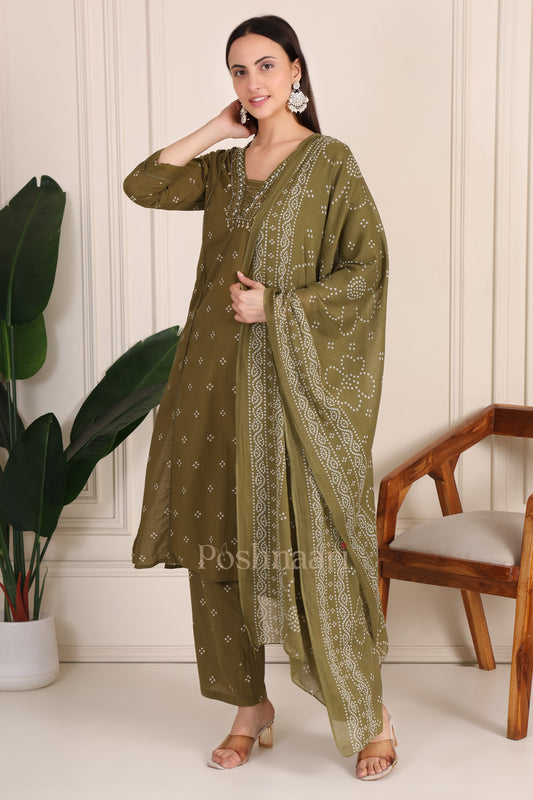 Olive Green Bandhani Print Pure Cotton Suit