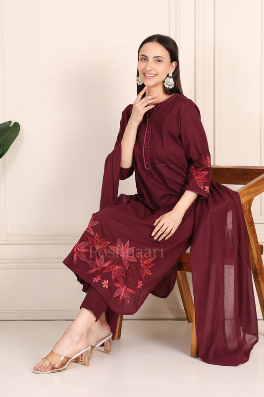 Wine Embroidered Pure Cotton Suit