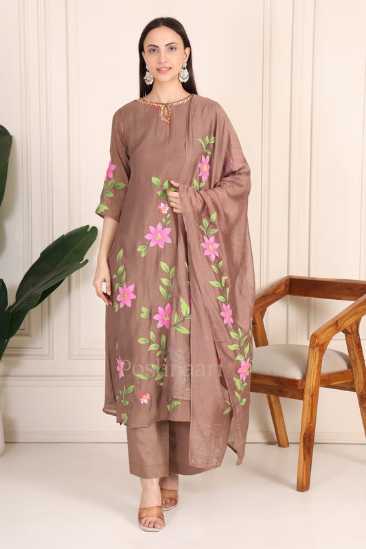 Mocha Brown Floral Pure Mul Chanderi Suit