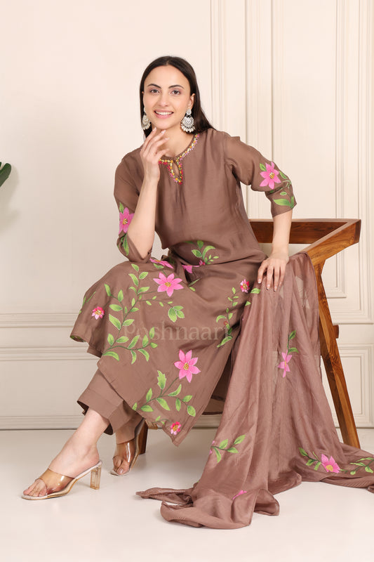 Mocha Brown Floral Pure Mul Chanderi Suit
