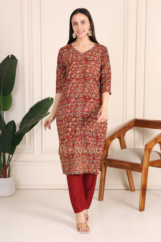 Rust Floral Kalamkari Print Fine Cotton Straight 1 Pcs Kurti