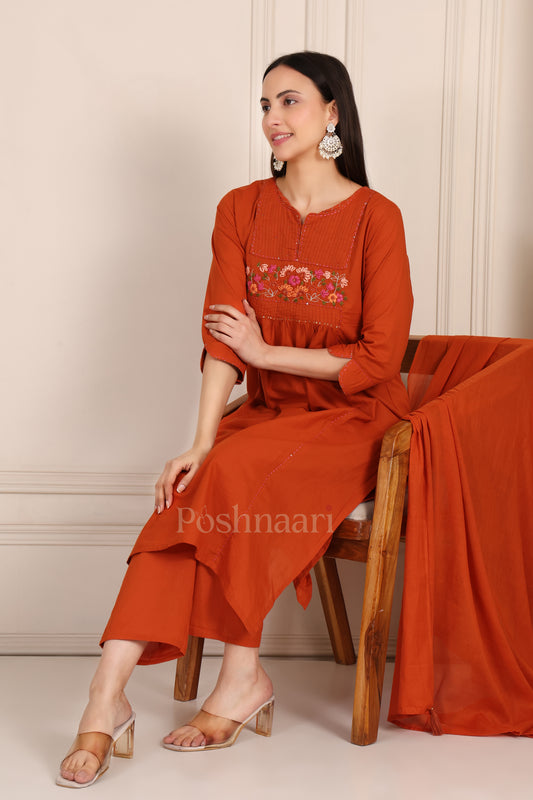 Rust Orange Embroidered Pure Cotton Suit