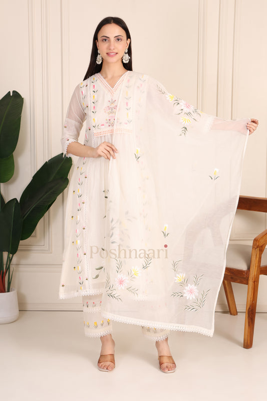 Ivory Off-White Floral Embroidered Pure Mul Cotton Suit