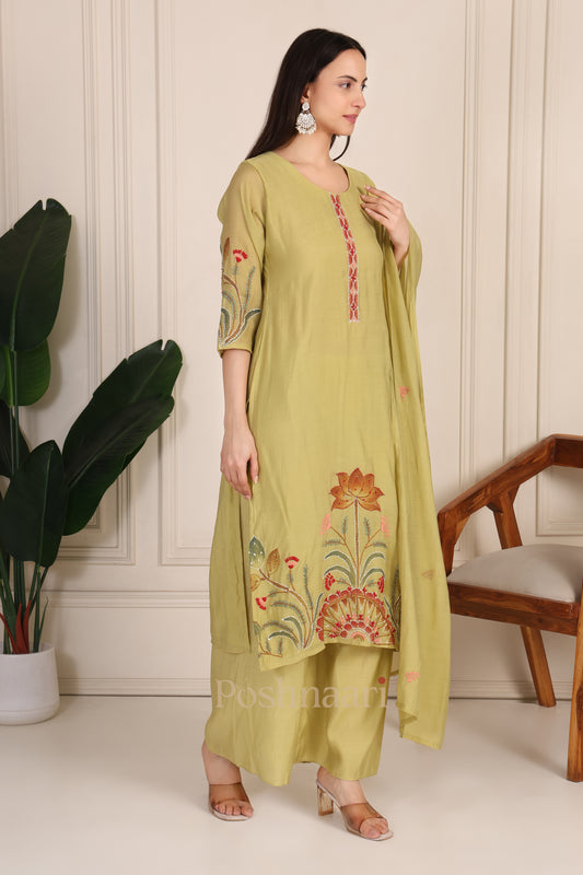 Pista Green Embroidered Mul Chanderi Suit