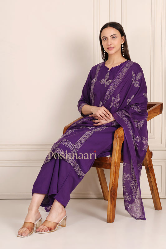 Royal Purple Pure Cotton Bandhej Work Kurta Suit
