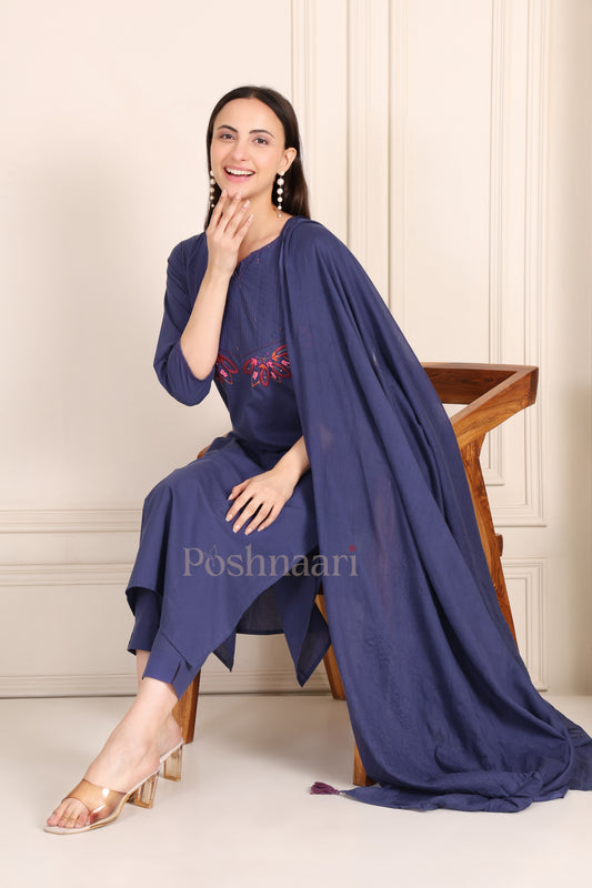 Indigo Blue Embroidered Pure Cotton  Suit