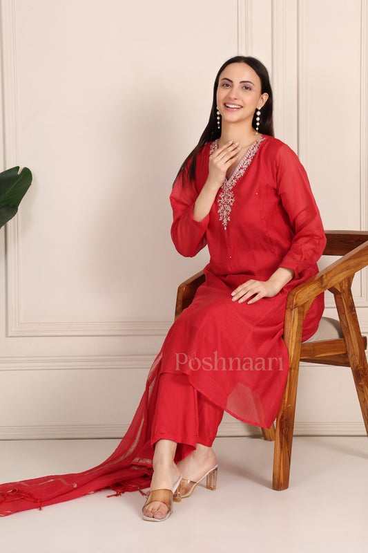 Crimson Red Premium Mul Chanderi  Suit