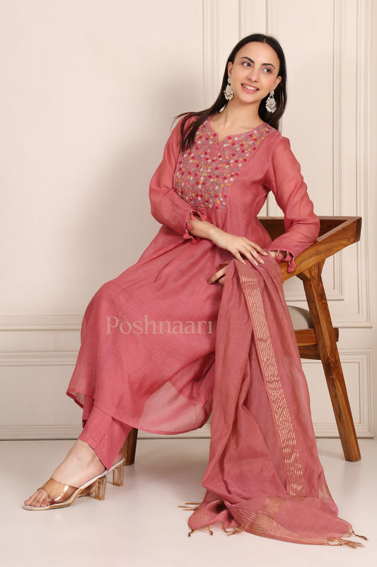 Dusty Rose Embroidered Mul Chanderi Kurta Suit