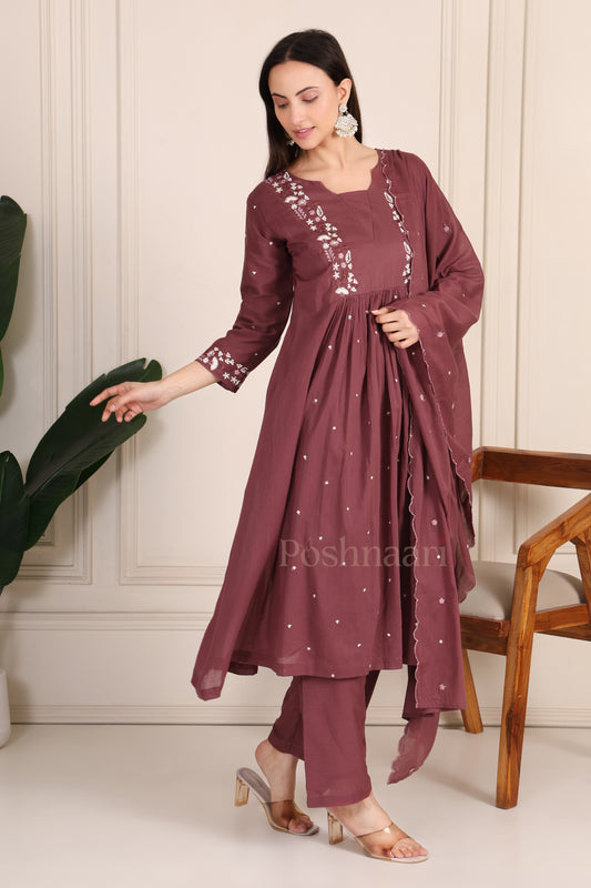 Rich Mauve Brown Premium Mul Cotton Embellished Suit
