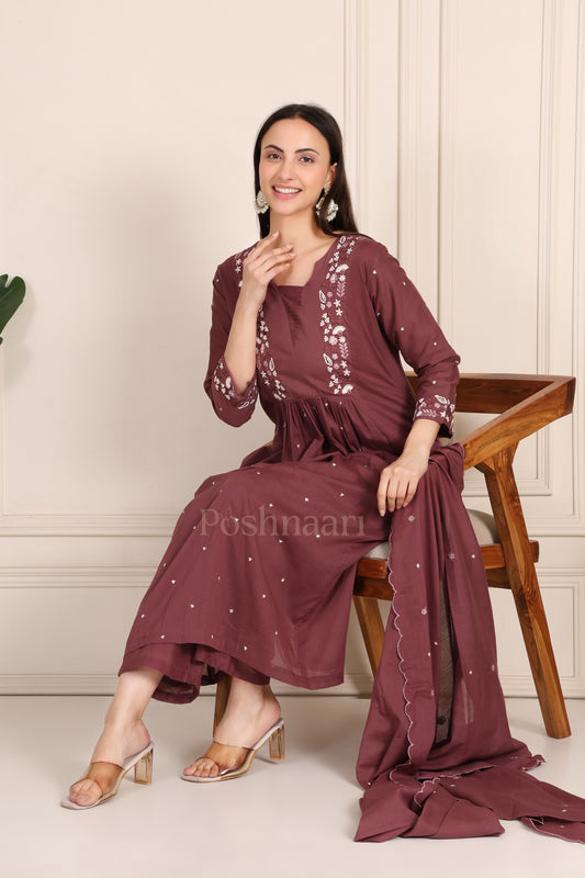 Rich Mauve Brown Premium Mul Cotton Embellished Suit