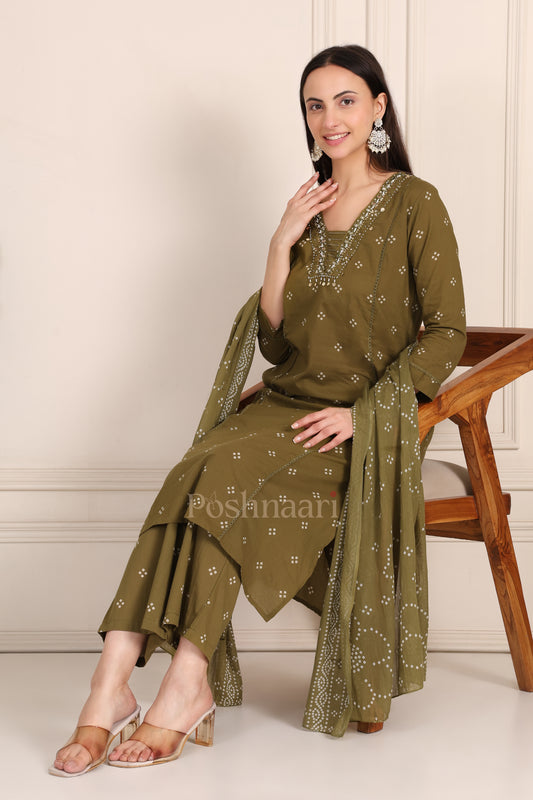 Olive Green Bandhani Print Pure Cotton Suit