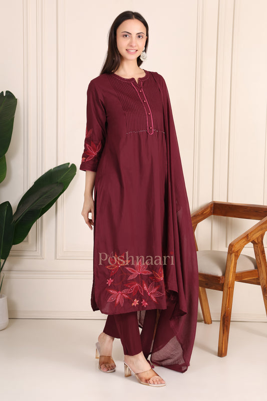 Wine Embroidered Pure Cotton Suit