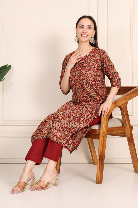 Rust Floral Kalamkari Print Fine Cotton Straight 1 Pcs Kurti