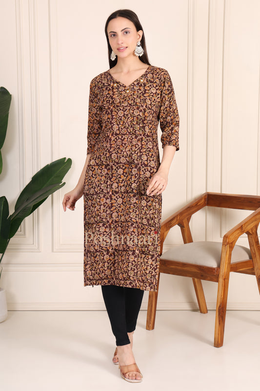 Brown Floral Kalamkari Print Fine Cotton Straight 1 Pcs Kurti