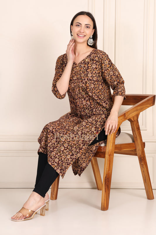 Brown Floral Kalamkari Print Fine Cotton Straight 1 Pcs Kurti